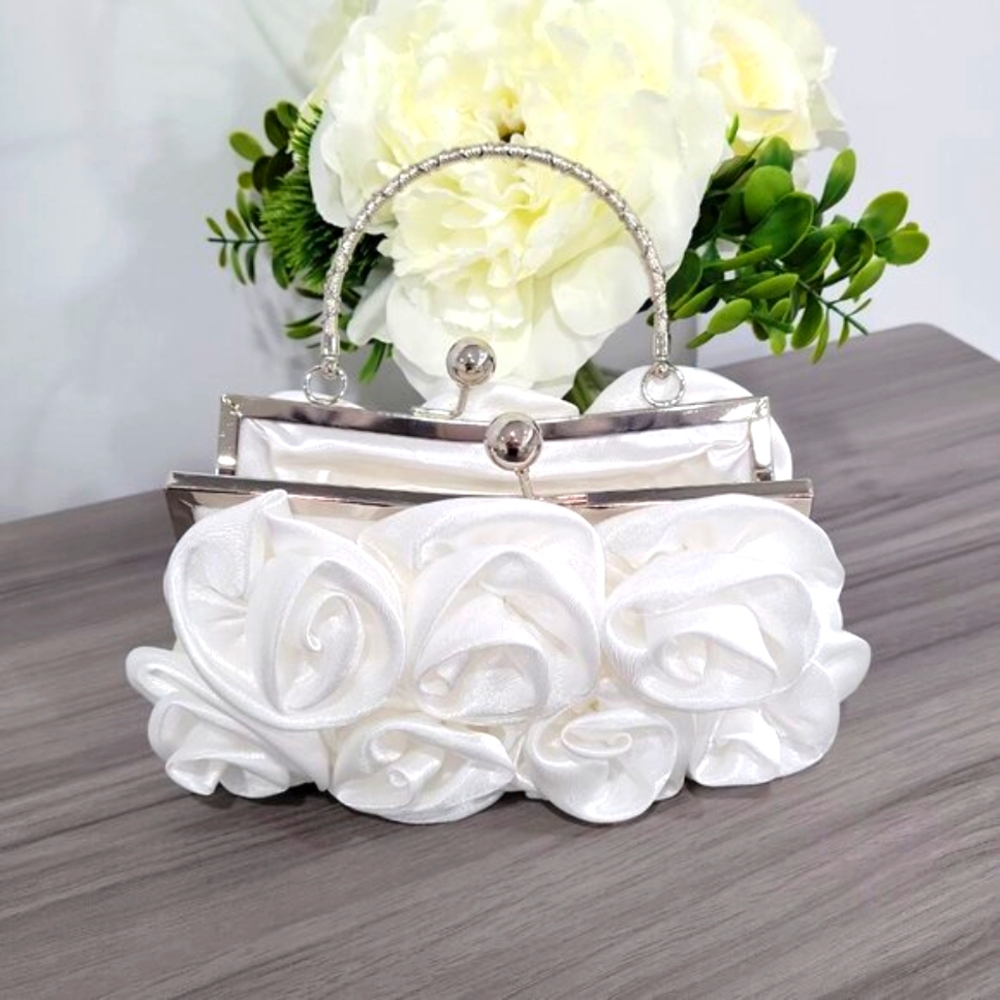 ๐นElegant White Satin Rose Clutch Rhinestone Handle Chain Wedding Formal NWOT - Picture 3 of 6